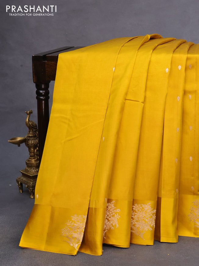 Poona silk saree mustard yellow with zari woven buttas and zari woven floral butta border