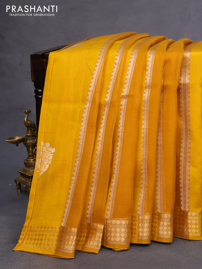 Poona silk saree mustard yellow with allover zari stripe & buttas and zari woven border