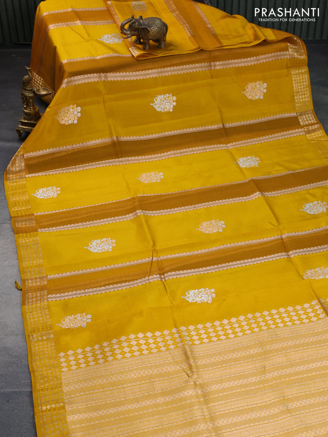 Poona silk saree mustard yellow with allover zari stripe & buttas and zari woven border