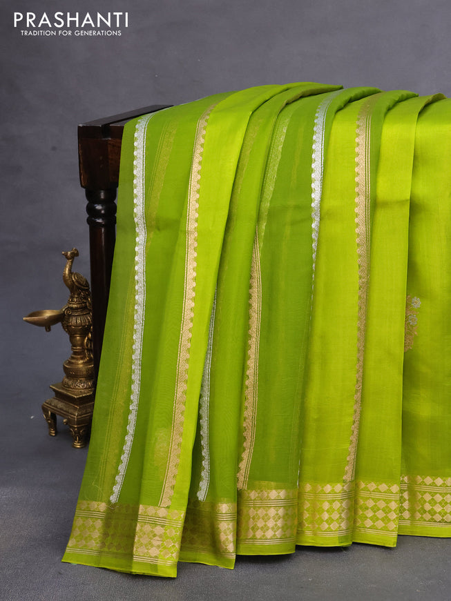 Poona silk saree mehendi green with allover zari stripe & buttas and zari woven border