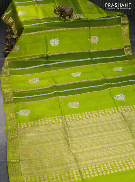 Poona silk saree mehendi green with allover zari stripe & buttas and zari woven border