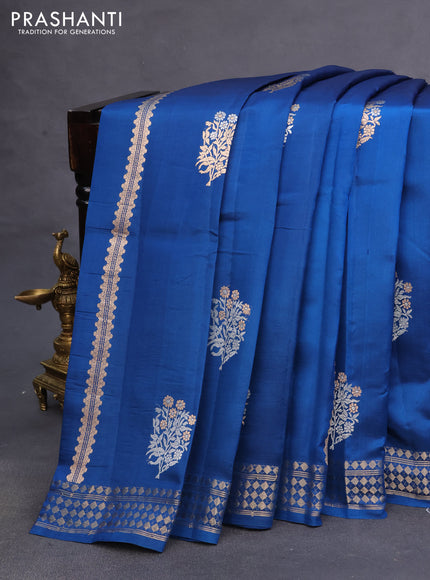 Poona silk saree cs blue with allover zari stripe & buttas and zari woven border