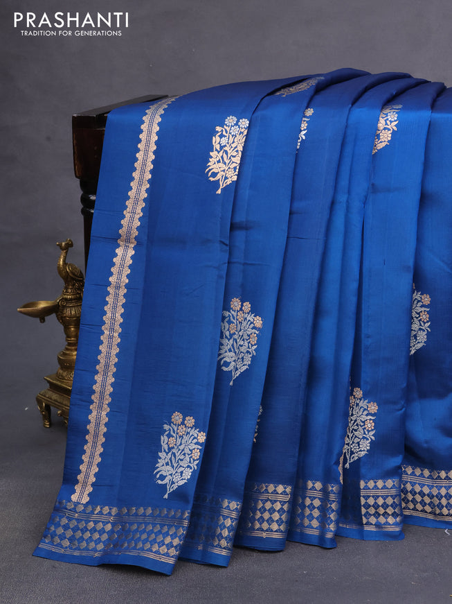 Poona silk saree cs blue with allover zari stripe & buttas and zari woven border