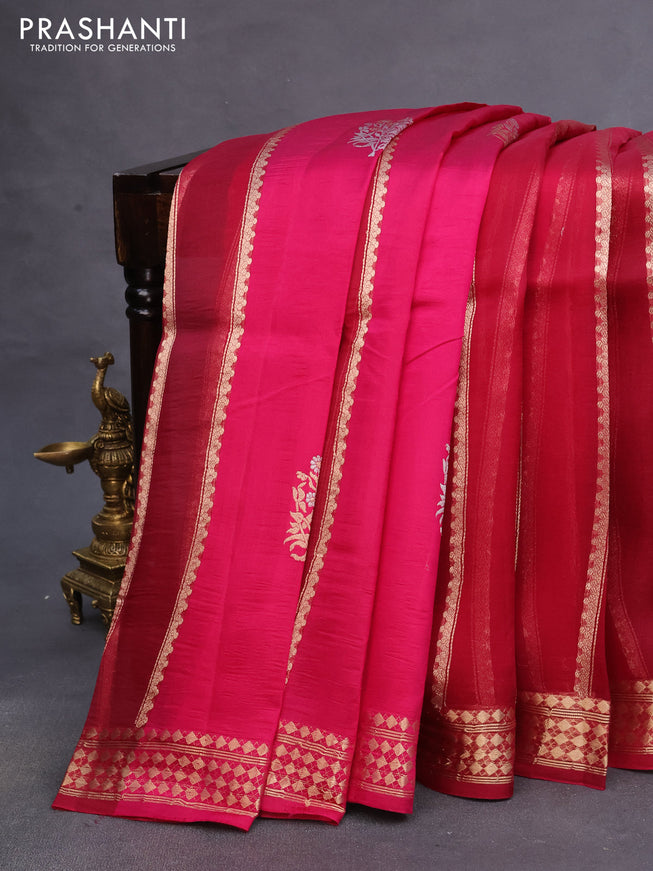 Poona silk saree magenta pink with allover zari stripe & buttas and zari woven border