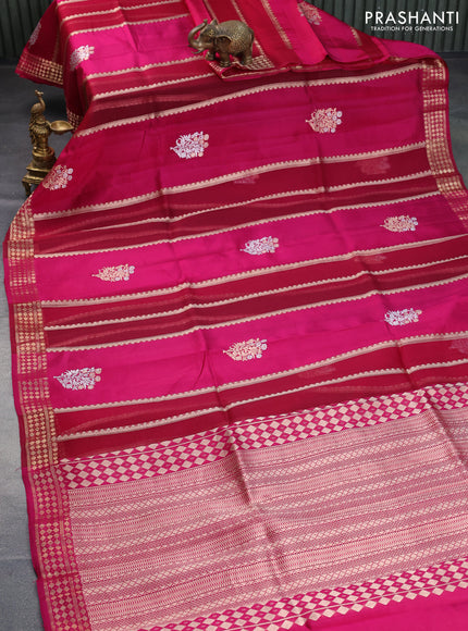 Poona silk saree magenta pink with allover zari stripe & buttas and zari woven border