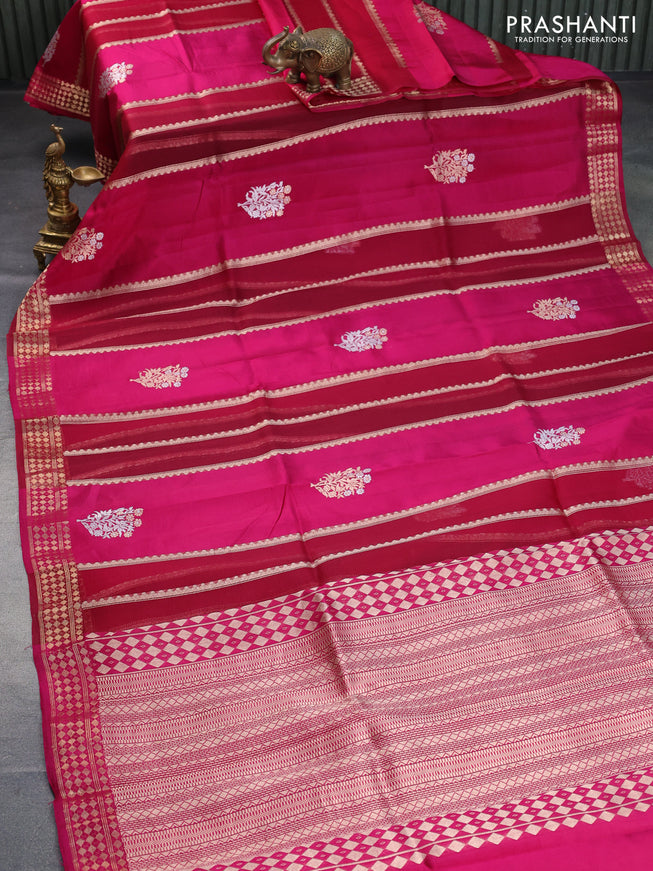 Poona silk saree magenta pink with allover zari stripe & buttas and zari woven border