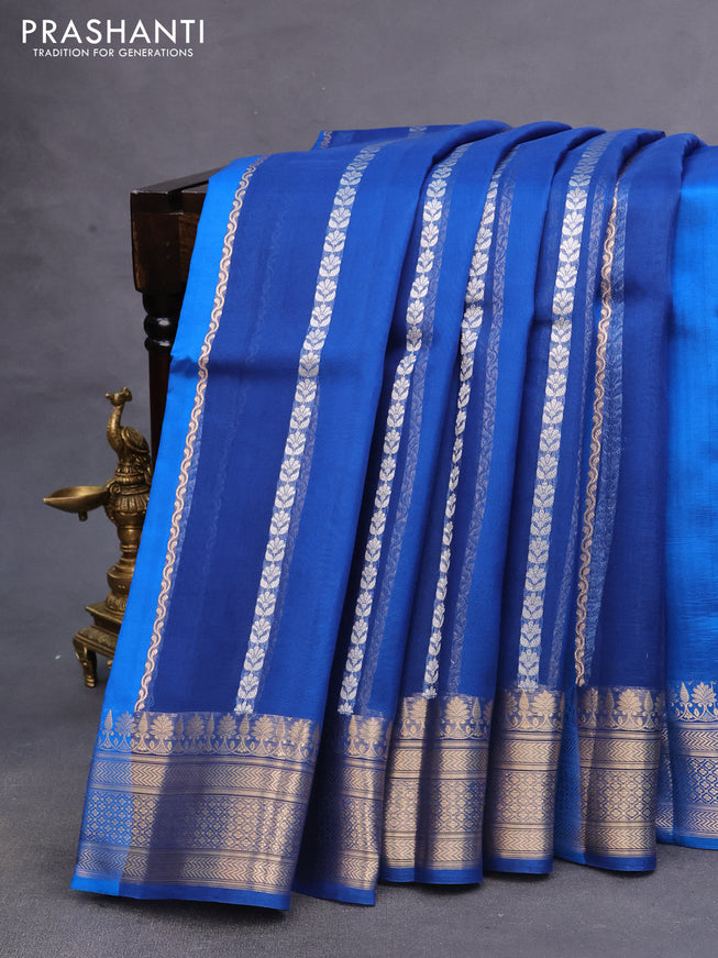 Poona silk saree cs blue with allover zari stripe & buttas and zari woven border