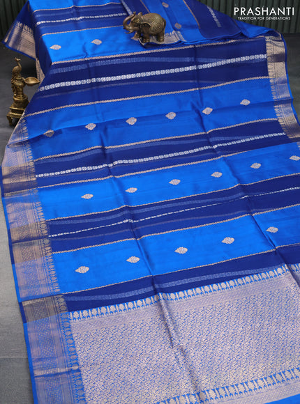 Poona silk saree cs blue with allover zari stripe & buttas and zari woven border