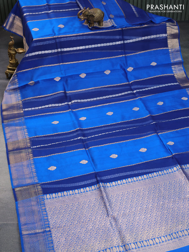 Poona silk saree cs blue with allover zari stripe & buttas and zari woven border