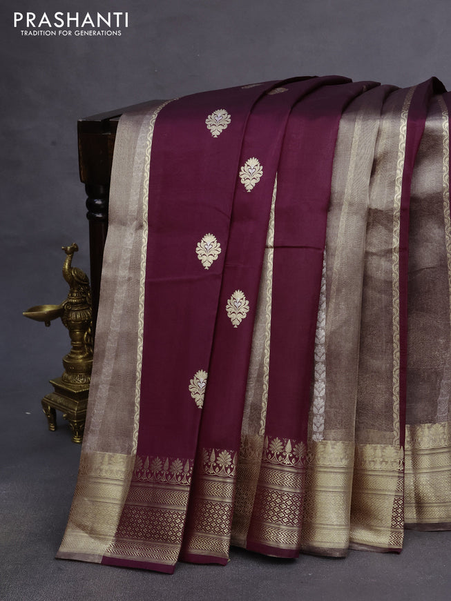 Poona silk saree wine shade with allover zari stripe & buttas and zari woven border