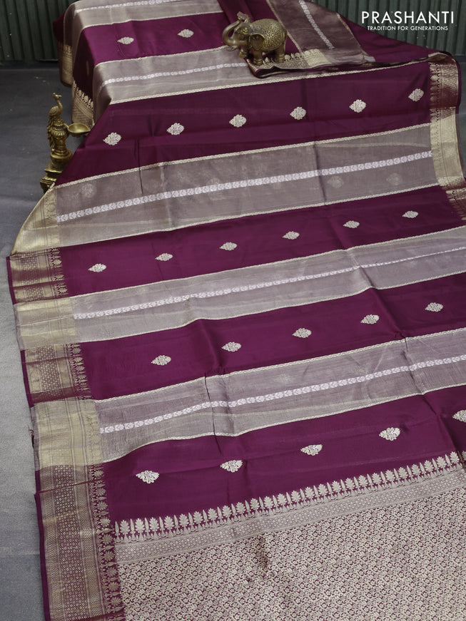 Poona silk saree wine shade with allover zari stripe & buttas and zari woven border