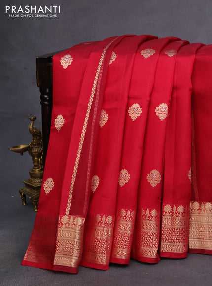 Poona silk saree kumkum red with allover zari stripe & buttas and zari woven border