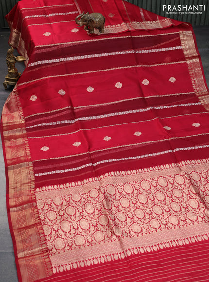 Poona silk saree kumkum red with allover zari stripe & buttas and zari woven border