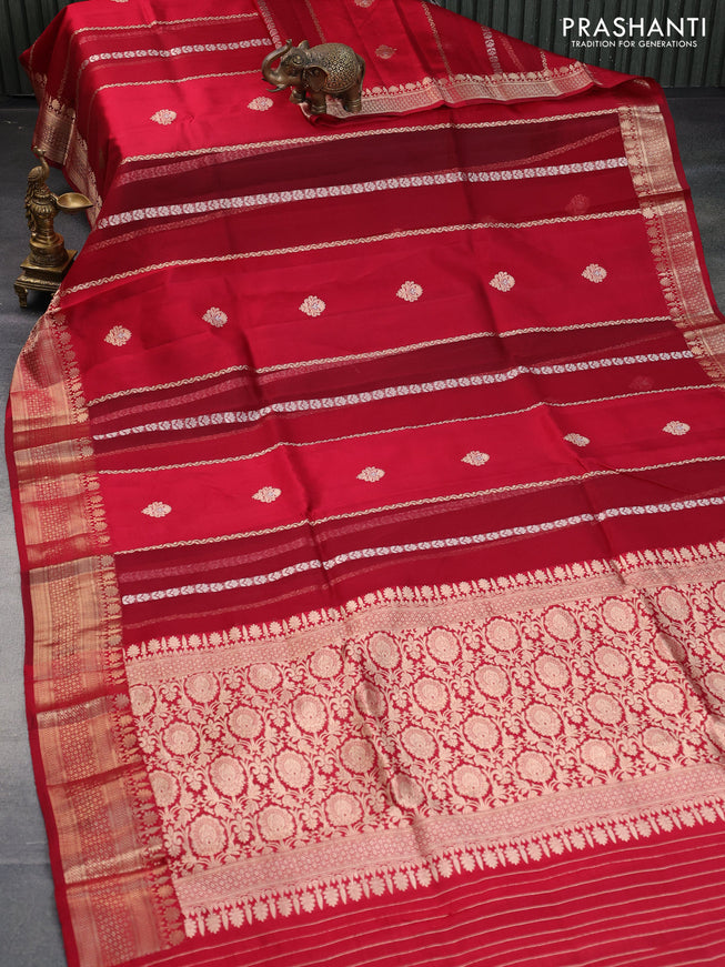 Poona silk saree kumkum red with allover zari stripe & buttas and zari woven border