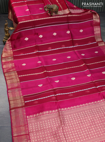 Poona silk saree magenta pink with allover zari stripe & buttas and zari woven border