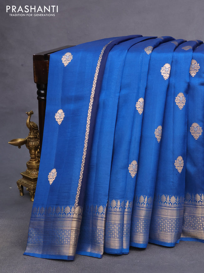 Poona silk saree cs blue with allover zari stripe & buttas and zari woven border