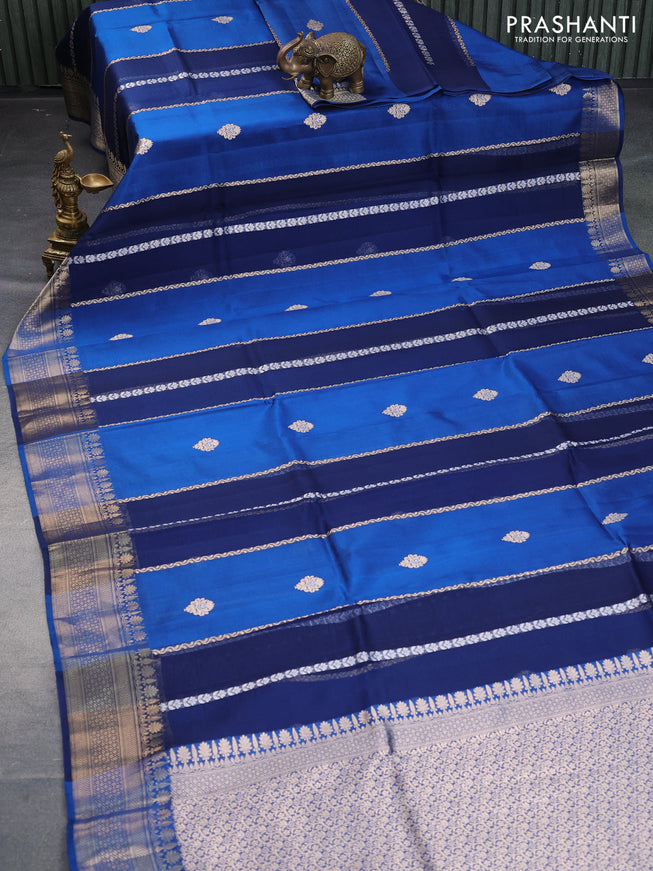 Poona silk saree cs blue with allover zari stripe & buttas and zari woven border