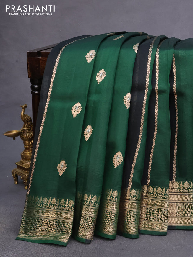 Poona silk saree dark green with allover zari stripe & buttas and zari woven border