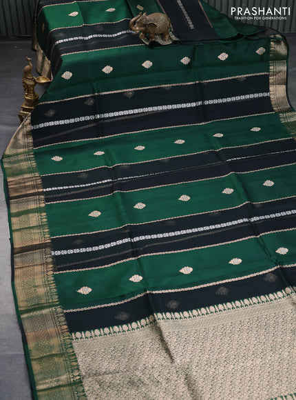 Poona silk saree dark green with allover zari stripe & buttas and zari woven border