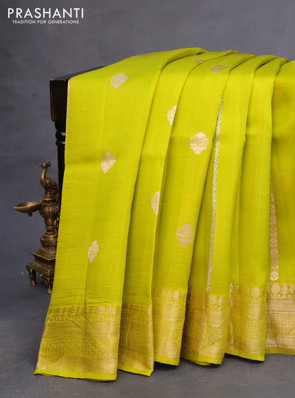 Poona silk saree lime green with allover zari stripe & buttas and zari woven border