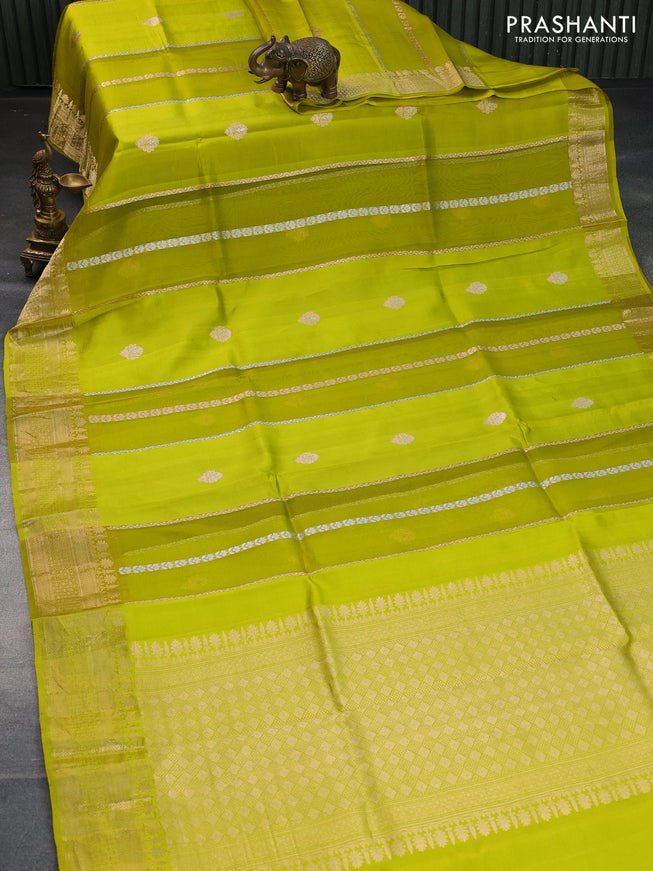 Poona silk saree lime green with allover zari stripe & buttas and zari woven border