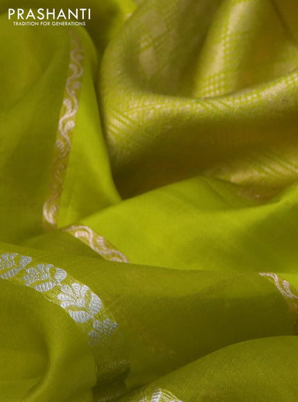 Poona silk saree lime green with allover zari stripe & buttas and zari woven border