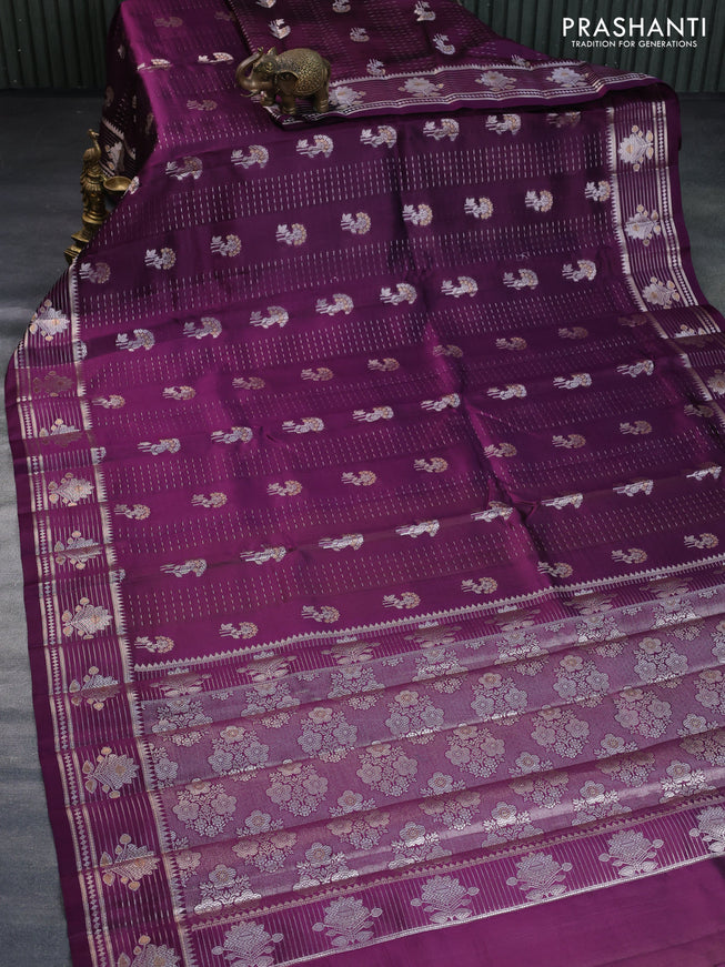 Poona silk saree deep purple and lime green with allover zari weaves & buttas and zari woven border