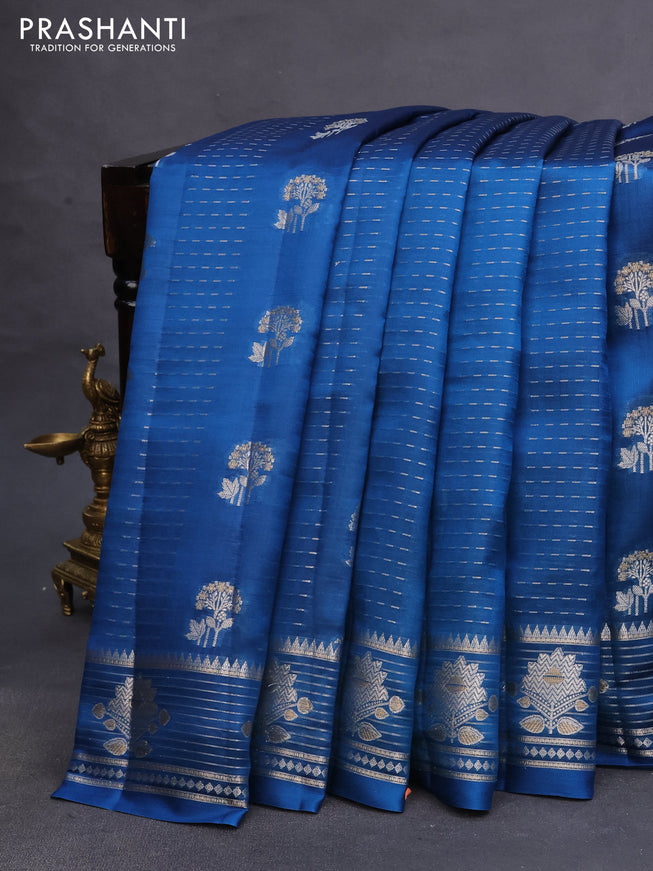 Poona silk saree cs blue and pink with allover zari weaves & buttas and zari woven border