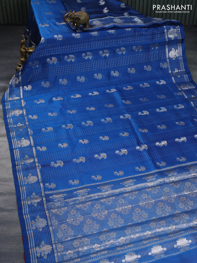 Poona silk saree cs blue and pink with allover zari weaves & buttas and zari woven border