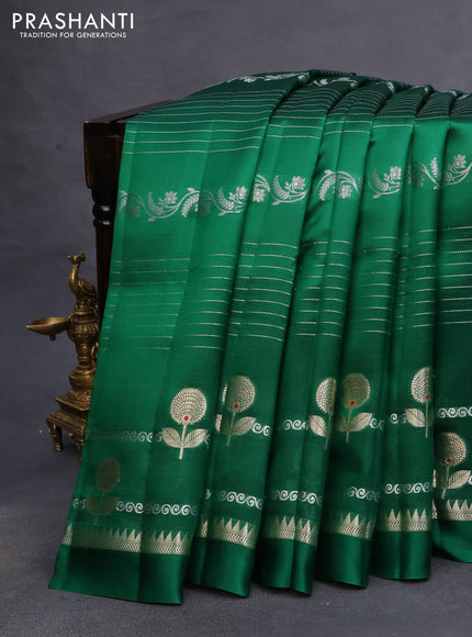 Poona silk saree green and red with allover zari weaves and zari woven simple border