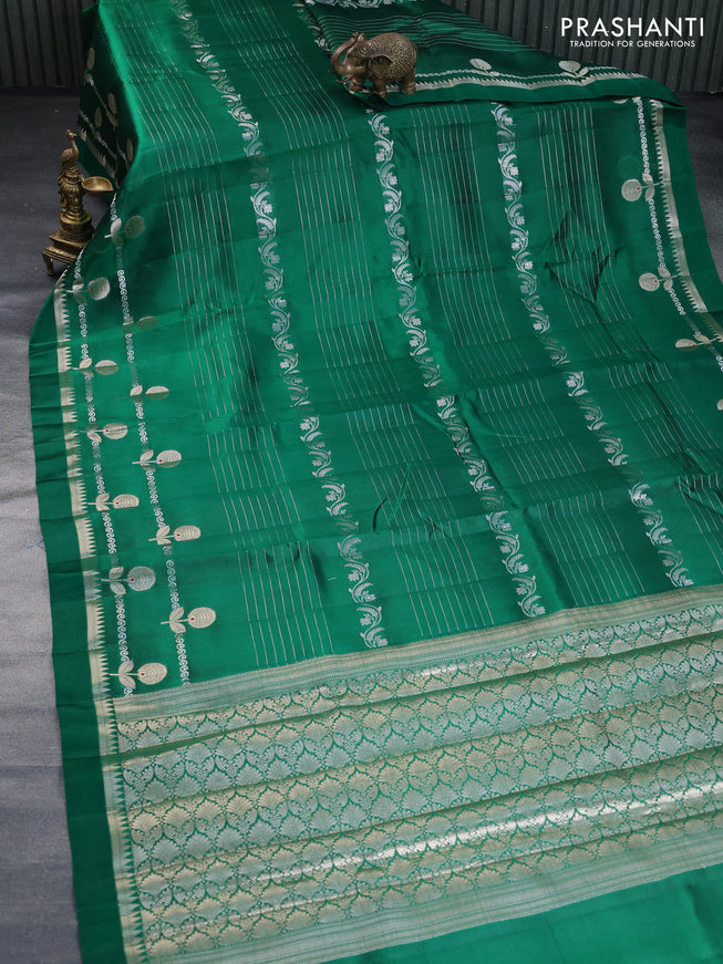 Poona silk saree green and red with allover zari weaves and zari woven simple border