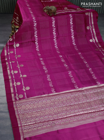 Poona silk saree pink and peacock blue with allover zari weaves and zari woven simple border