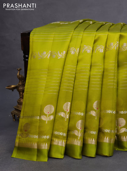 Poona silk saree lime green and purple with allover zari weaves and zari woven border