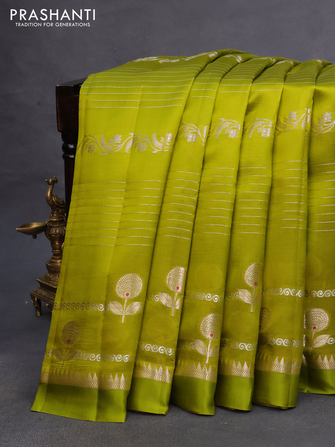 Poona silk saree lime green and purple with allover zari weaves and zari woven border