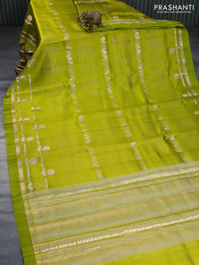 Poona silk saree lime green and purple with allover zari weaves and zari woven border