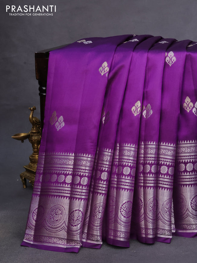 Poona silk saree violet and dark pink with silver zari woven buttas and long silver zari woven border