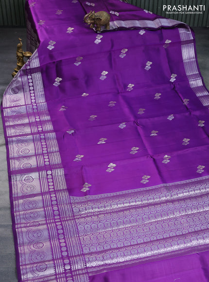 Poona silk saree violet and dark pink with silver zari woven buttas and long silver zari woven border