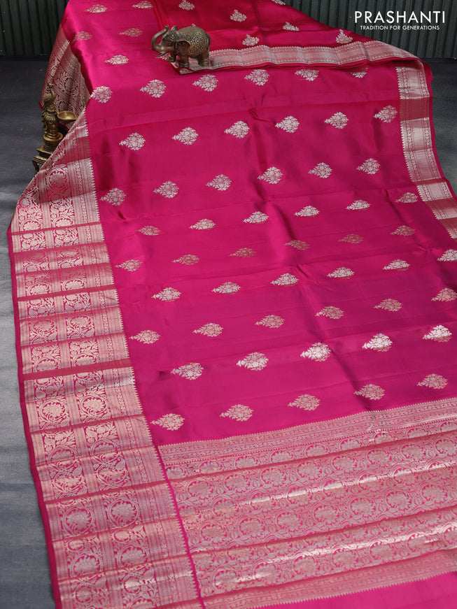 Poona silk saree pink and peacock blue with zari woven buttas and zari woven border