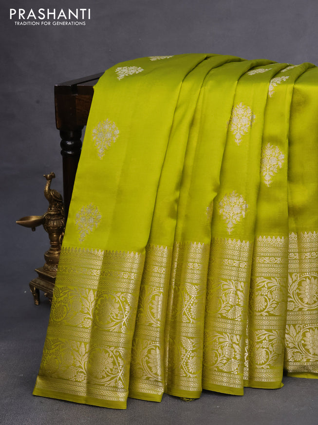 Poona silk saree lime green and purple with zari woven buttas and zari woven border