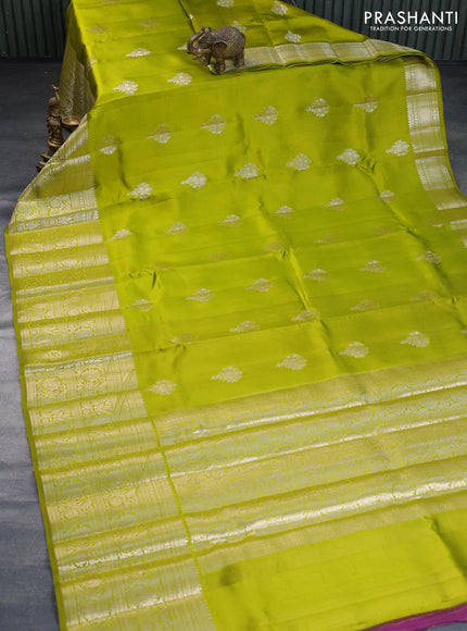 Poona silk saree lime green and purple with zari woven buttas and zari woven border