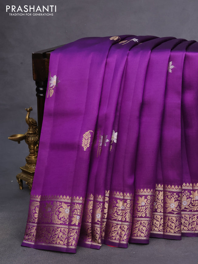 Poona silk saree violet and maroon with zari woven buttas and zari woven border