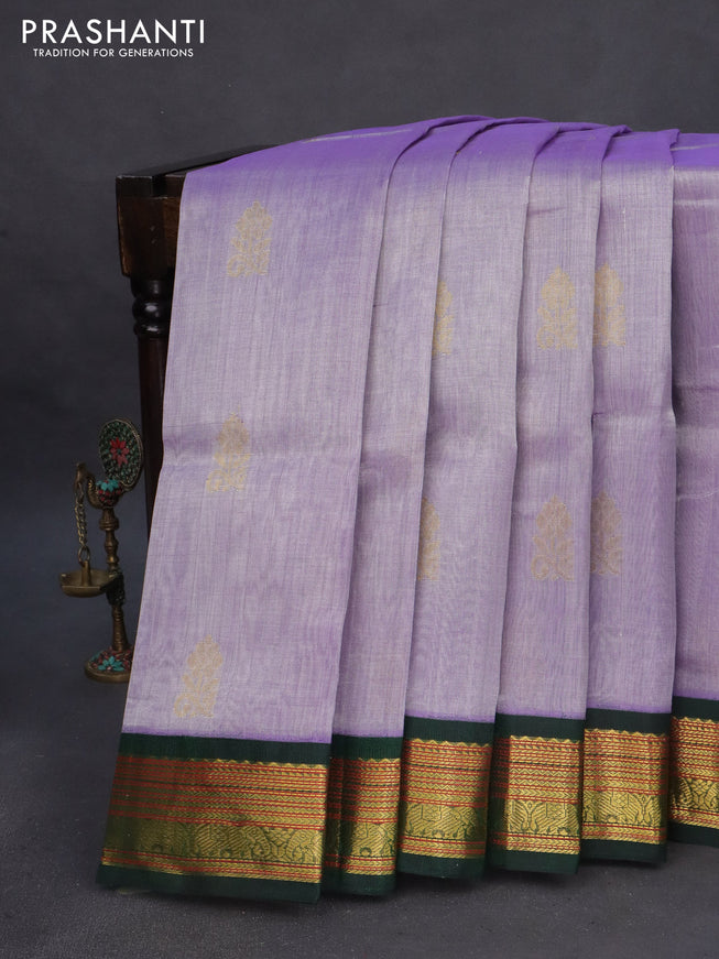 Silk cotton saree dual shade of violet and dark green with zari woven buttas and zari woven korvai border