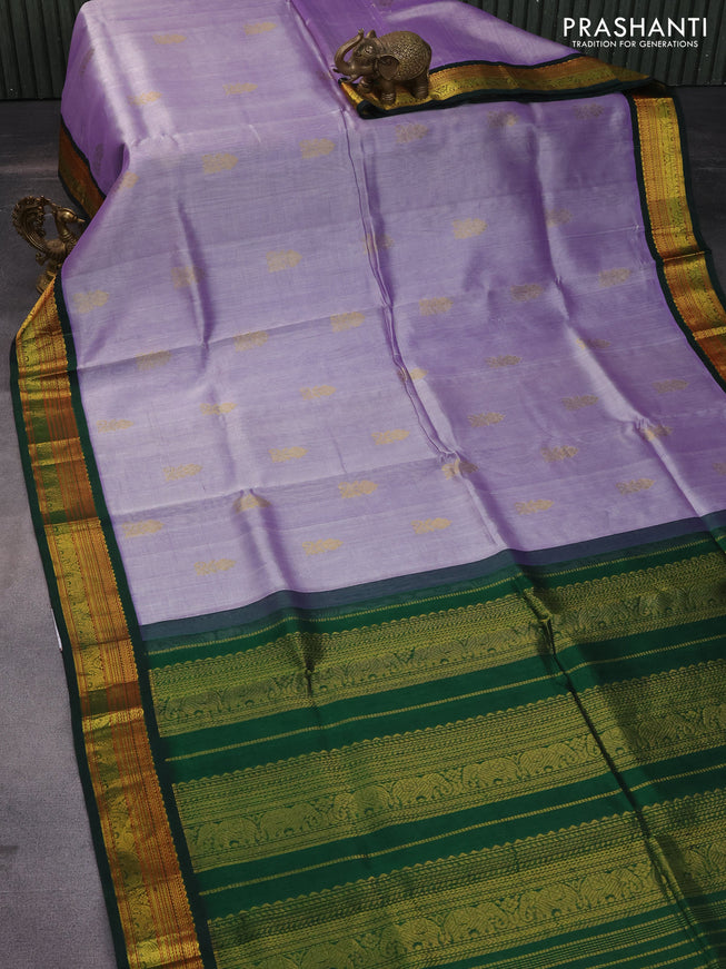 Silk cotton saree dual shade of violet and dark green with zari woven buttas and zari woven korvai border