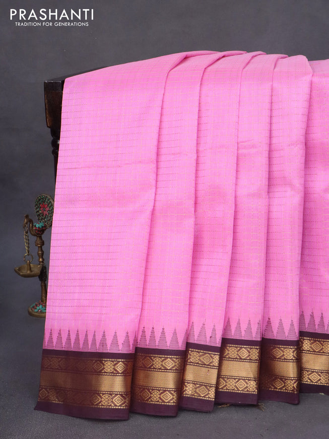 Kuppadam silk cotton saree pink and deep coffee brown with allover zari checked pattern and temple design zari woven border