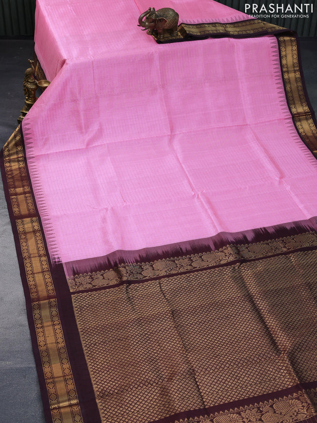 Kuppadam silk cotton saree pink and deep coffee brown with allover zari checked pattern and temple design zari woven border