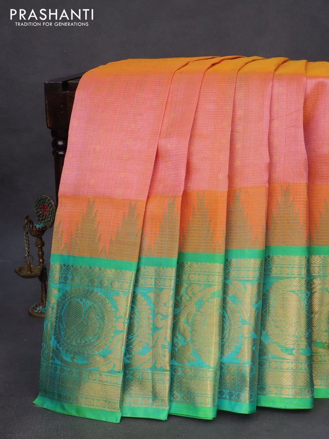 Kuppadam silk cotton saree dual shade of peach shade and dual shade of teal green with zari woven checks & buttas and long rich zari woven border