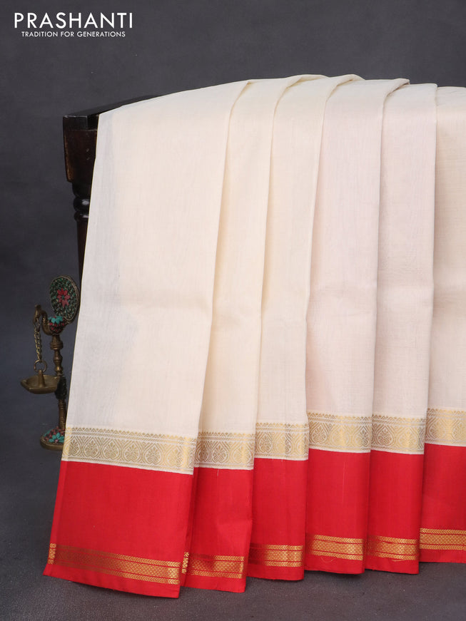 Kuppadam silk cotton saree cream and red with plain body and rettapet zari woven border