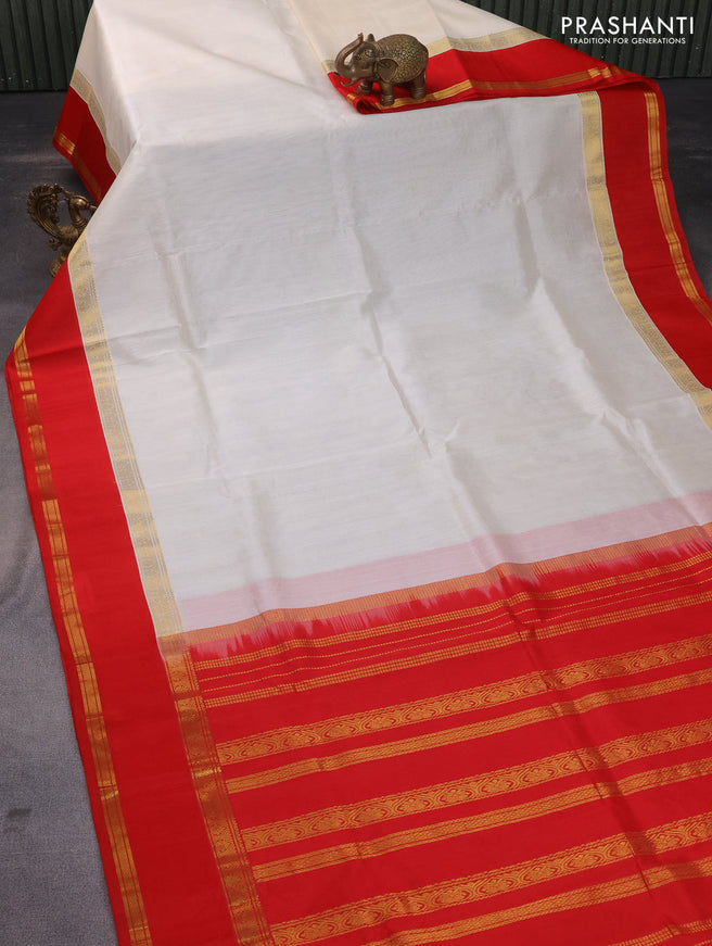 Kuppadam silk cotton saree cream and red with plain body and rettapet zari woven border