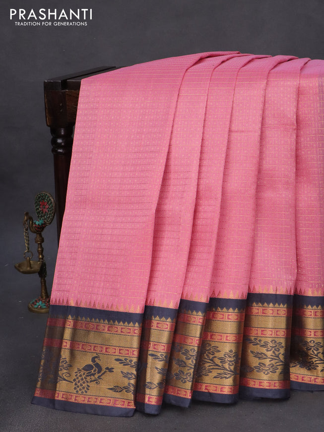 Kuppadam silk cotton saree peach pink and dark grey with zari woven checks & buttas and long zari woven border