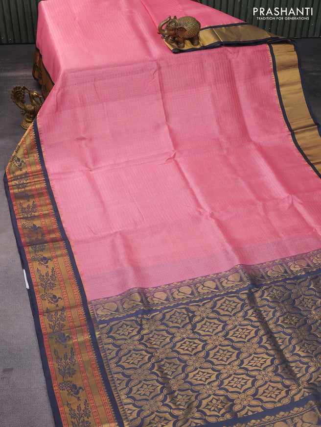 Kuppadam silk cotton saree peach pink and dark grey with zari woven checks & buttas and long zari woven border